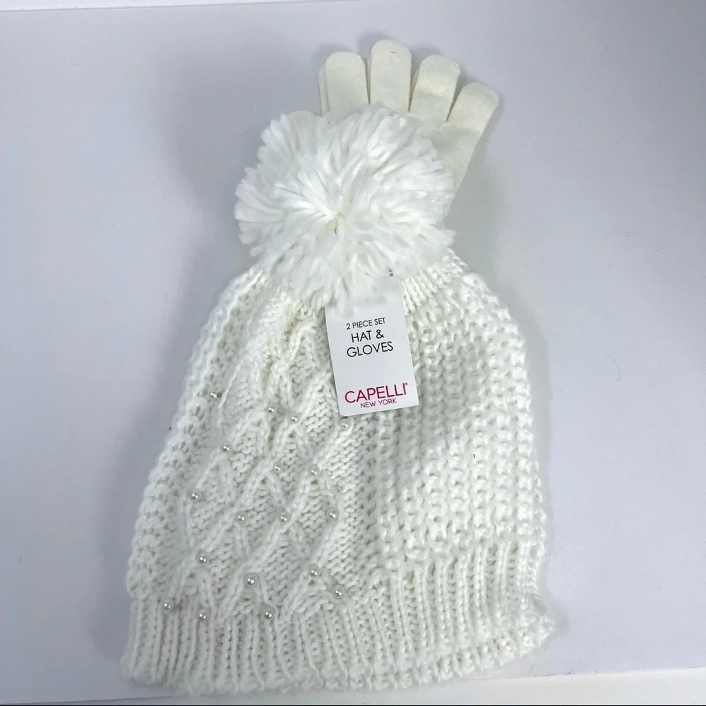 Capelli New York Hat & Gloves 2 piece set white pearl beading